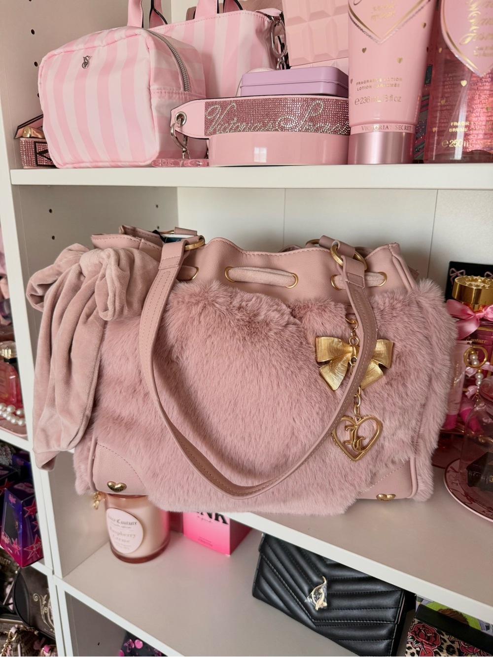 Juicy Couture “Soul Sister” Pink Faux Fur Tote with Gold Bow Charm